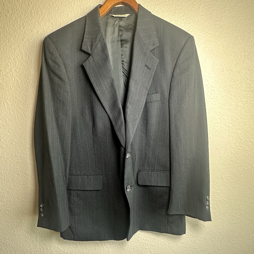 Evan Picone Suit Black Pinstripe 100% Wool Hopsack‎ USA Jacket L Pants 36x29.5